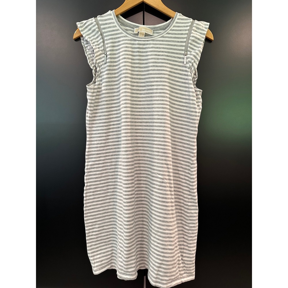 Michael Kors Womens Grey White Striped Ruffle Sleeve Zipper T-Shirt Dress Medium